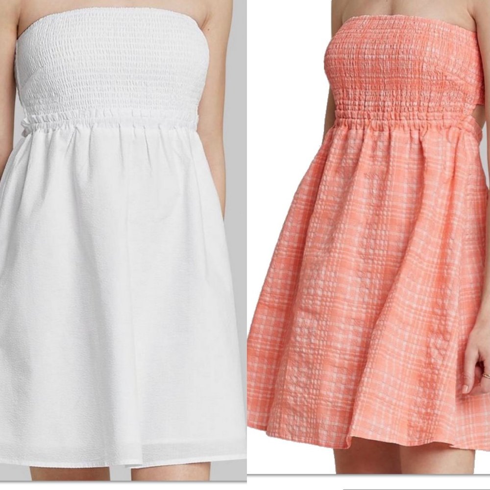 SET of 2 - Wild Fable Smocked Babydoll Dresses XS - White & Coral Plaid NWT